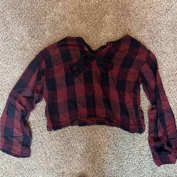 Bella Dahl Burgundy and Black Plaid Cropped Top - Picture 2 of 2